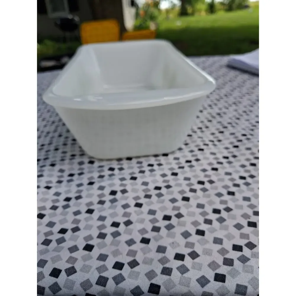 vtg Glasbake Milk Glass Loaf Pan Baking Dish 1-1/2 Qt w Green Modern Flowers